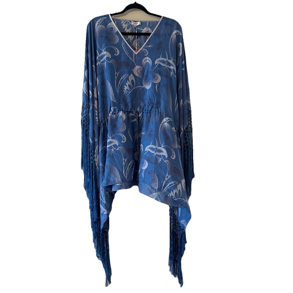Tashia London Blue Silk Floral Fringe Festival Dress Bead Drawstring Waist Sz 8